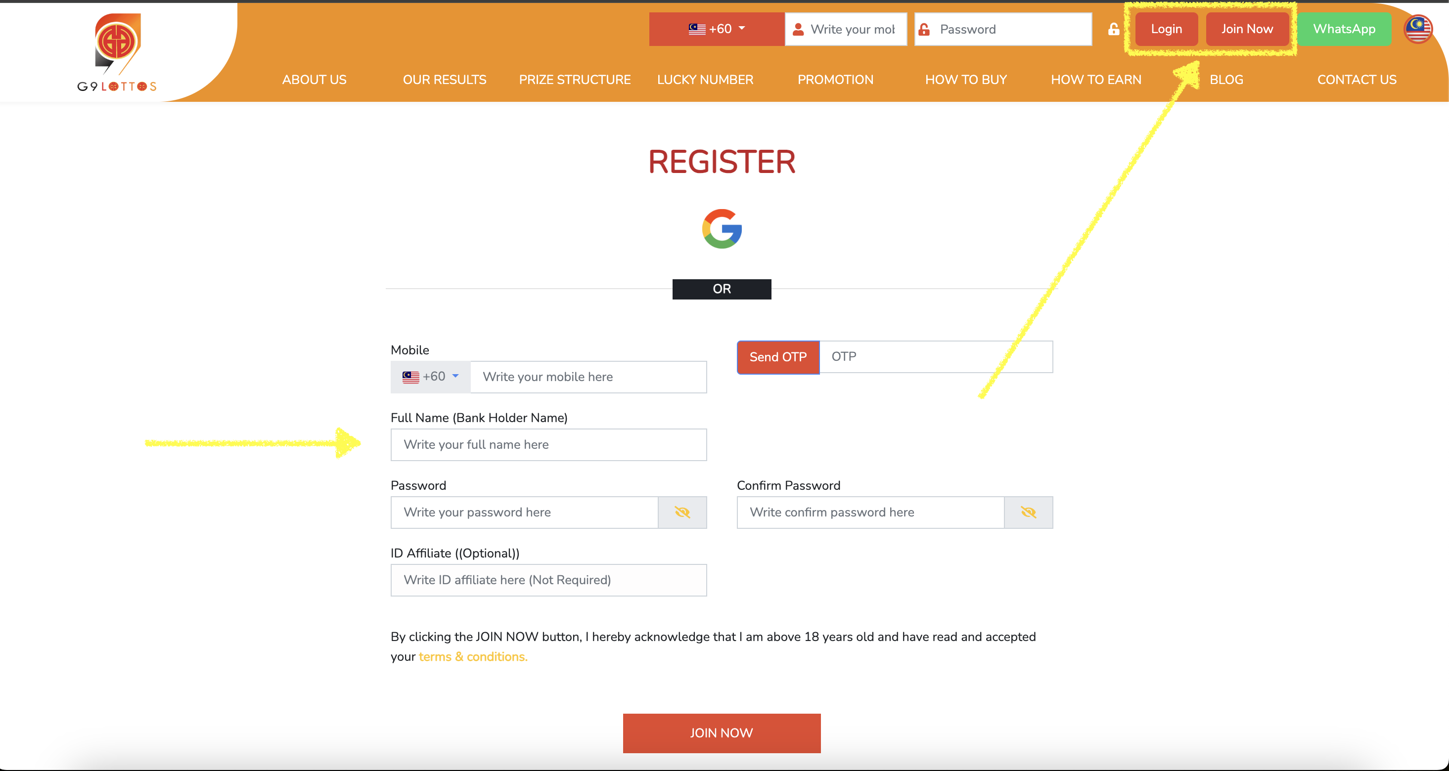 Click Join Now on G9lottos